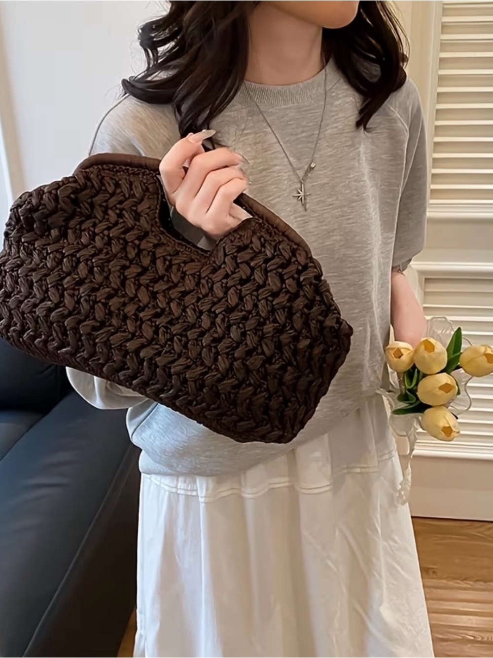 Woven Crochet Handle Tote Bag - Brown - Picture 4 of 4